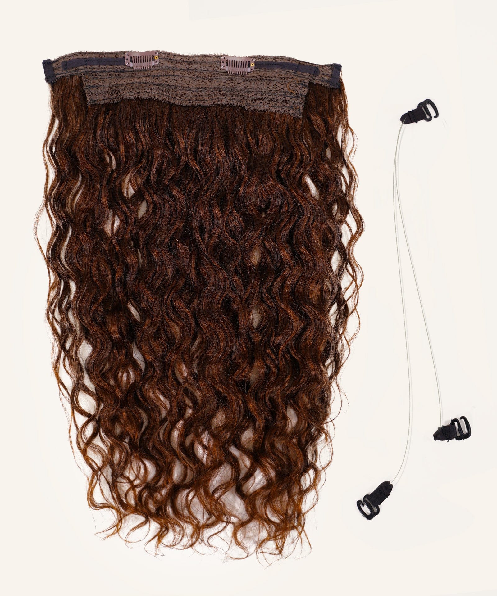 The Perfect Locks Curly Perfect Crown Hair Extensions in Platinum Blonde with clip attachments and clear wire, on white background.#color_chocolate-brown-(3)