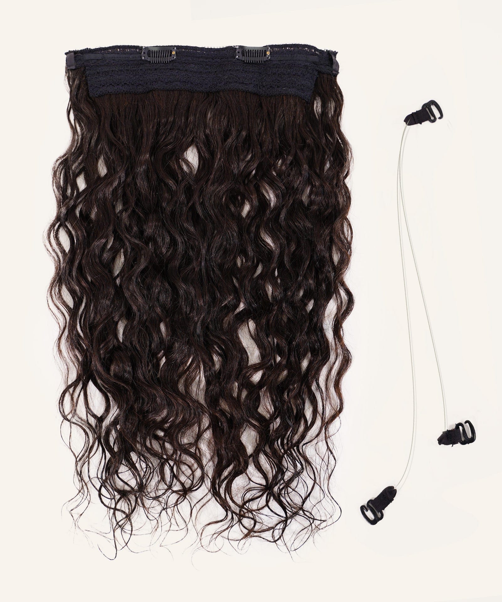 Curly Perfect Crown Hair Extensions by Perfect Locks in Chocolate Brown with clip-ins next to two clear elastic bands, all on a light background.#color_natural-black-(1B)