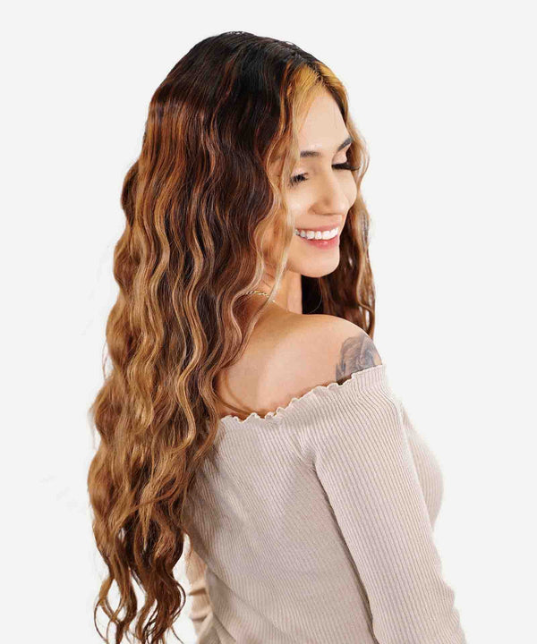 warm mocha lowlights (2/4/6) curly tape in hair extensions by Perfect Locks