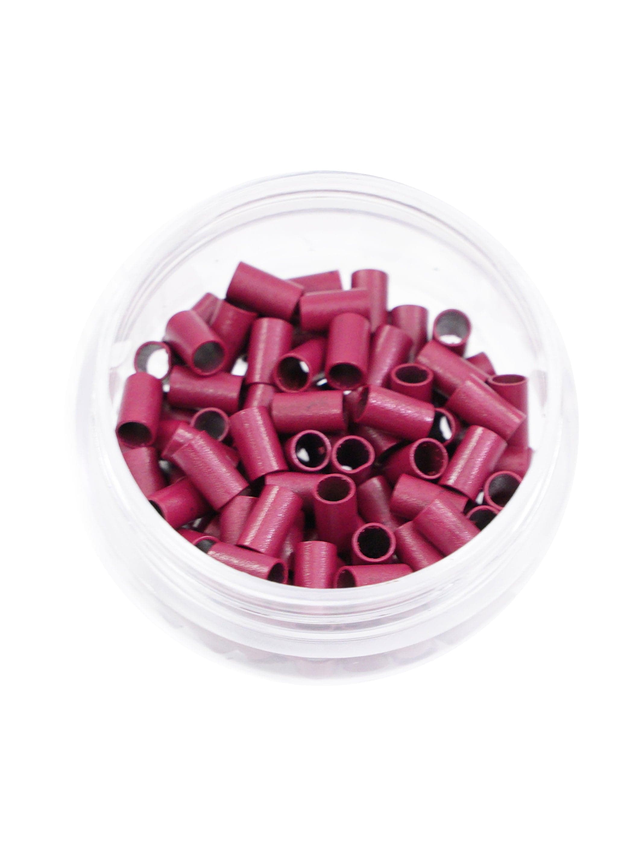 A clear container of Perfect Locks Microlink Copper Beads in Honey Blonde, filled with small cylindrical beads for Remy hair extensions, viewed from above on a white background.#color_auburn