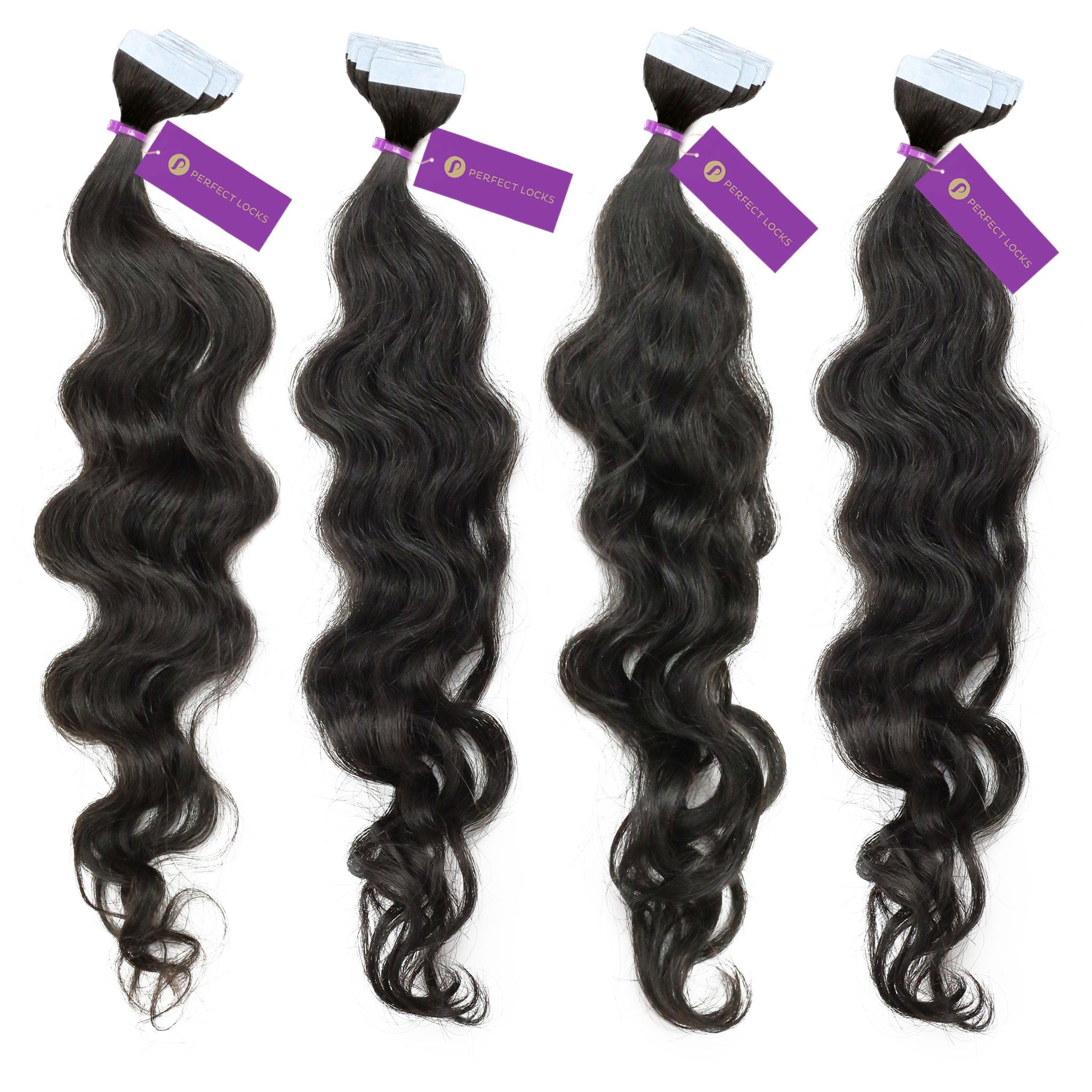 Four bundles of Perfect Locks 4 x Curly Tape-In Hair Extension Bundle Deal (40 Pieces), Natural Black , in a row with purple tags.#color_natural-black-(1B)