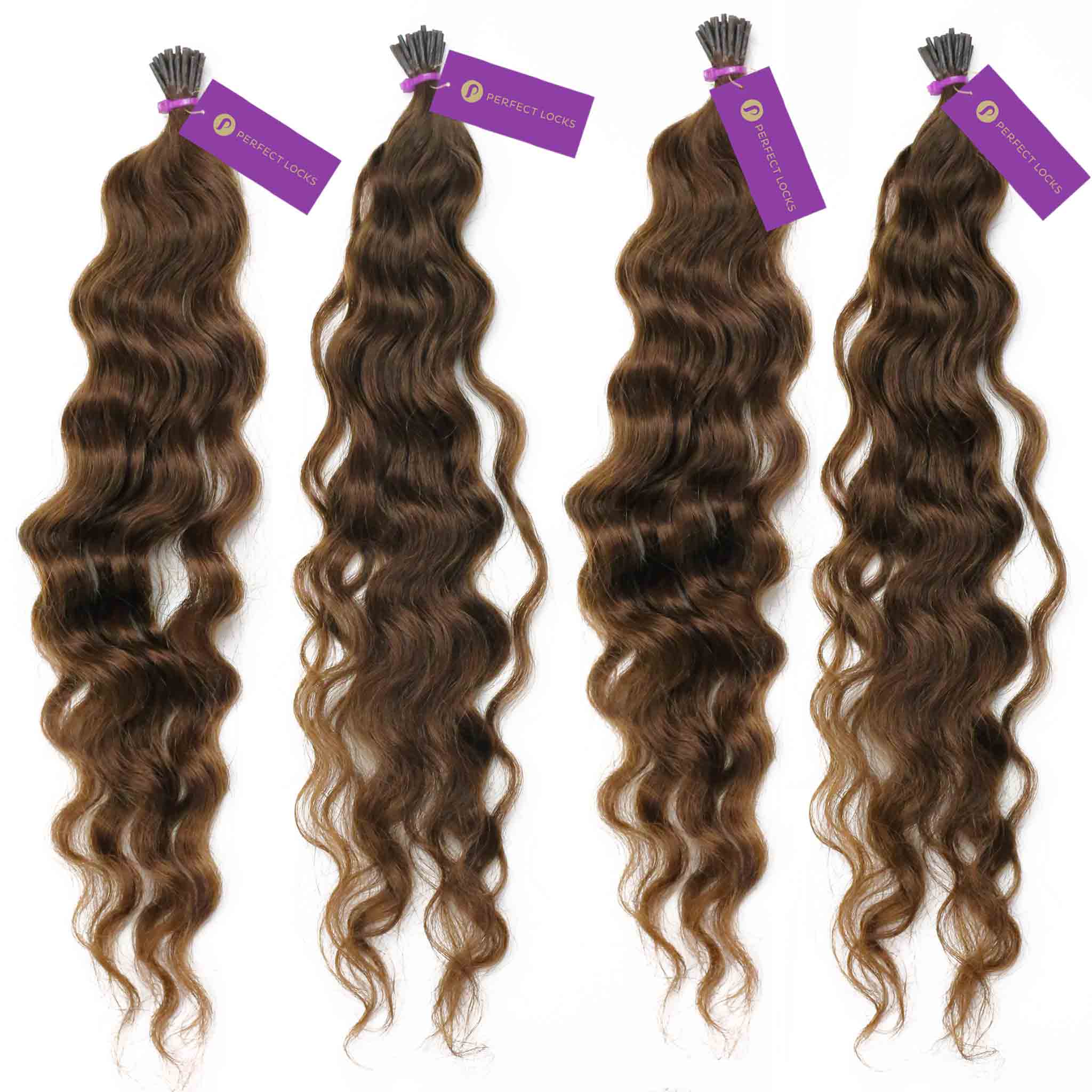 Four bundles of Perfect Locks 4 x Curly Fusion I-Tip Hair Extensions in Chocolate Brown, tied and labeled, on a white background.#color_chocolate-brown-(3)
