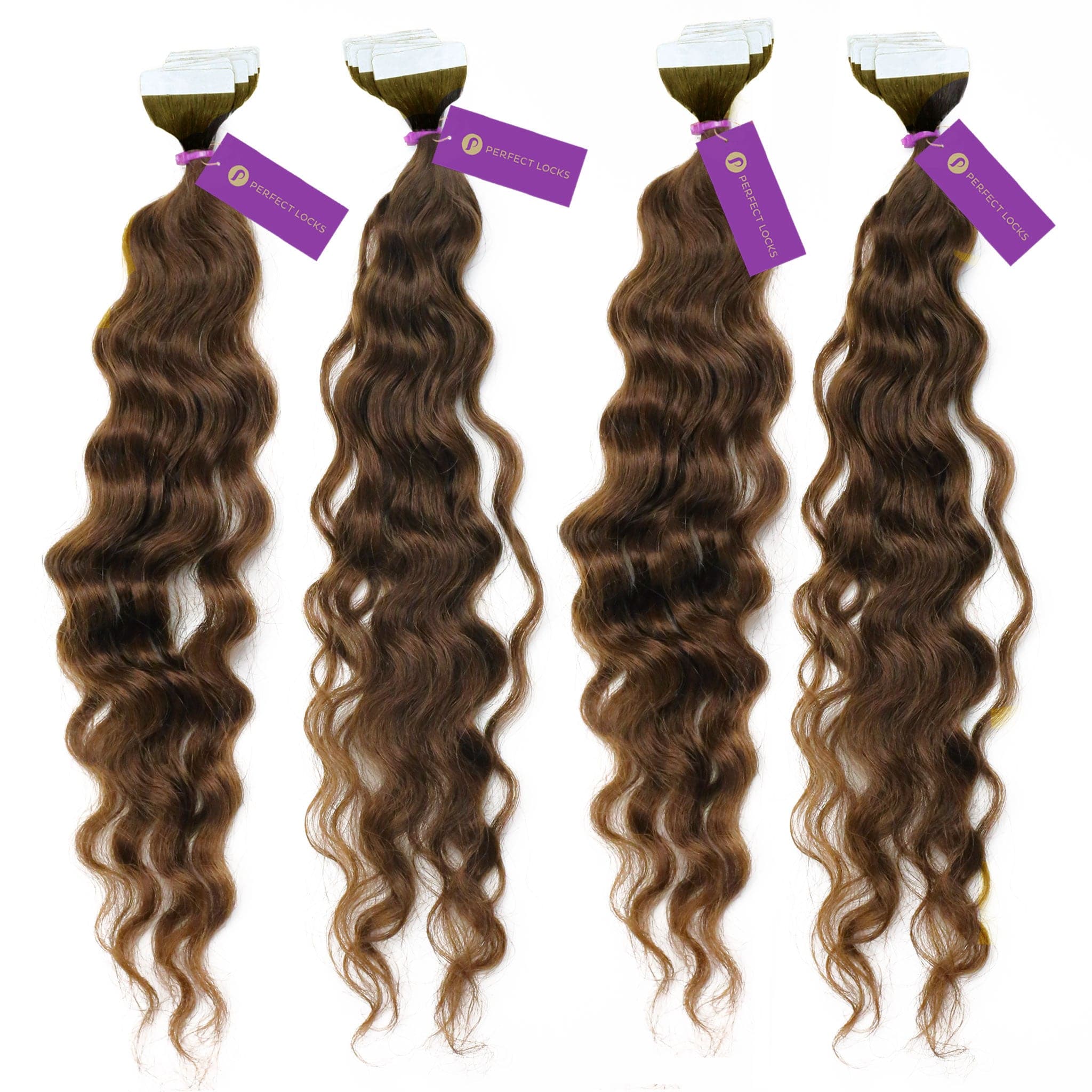 Four bundles of curly natural black tape-in hair extensions by Perfect Locks, 40 pieces total, displayed vertically on white.#color_chocolate-brown-(3)