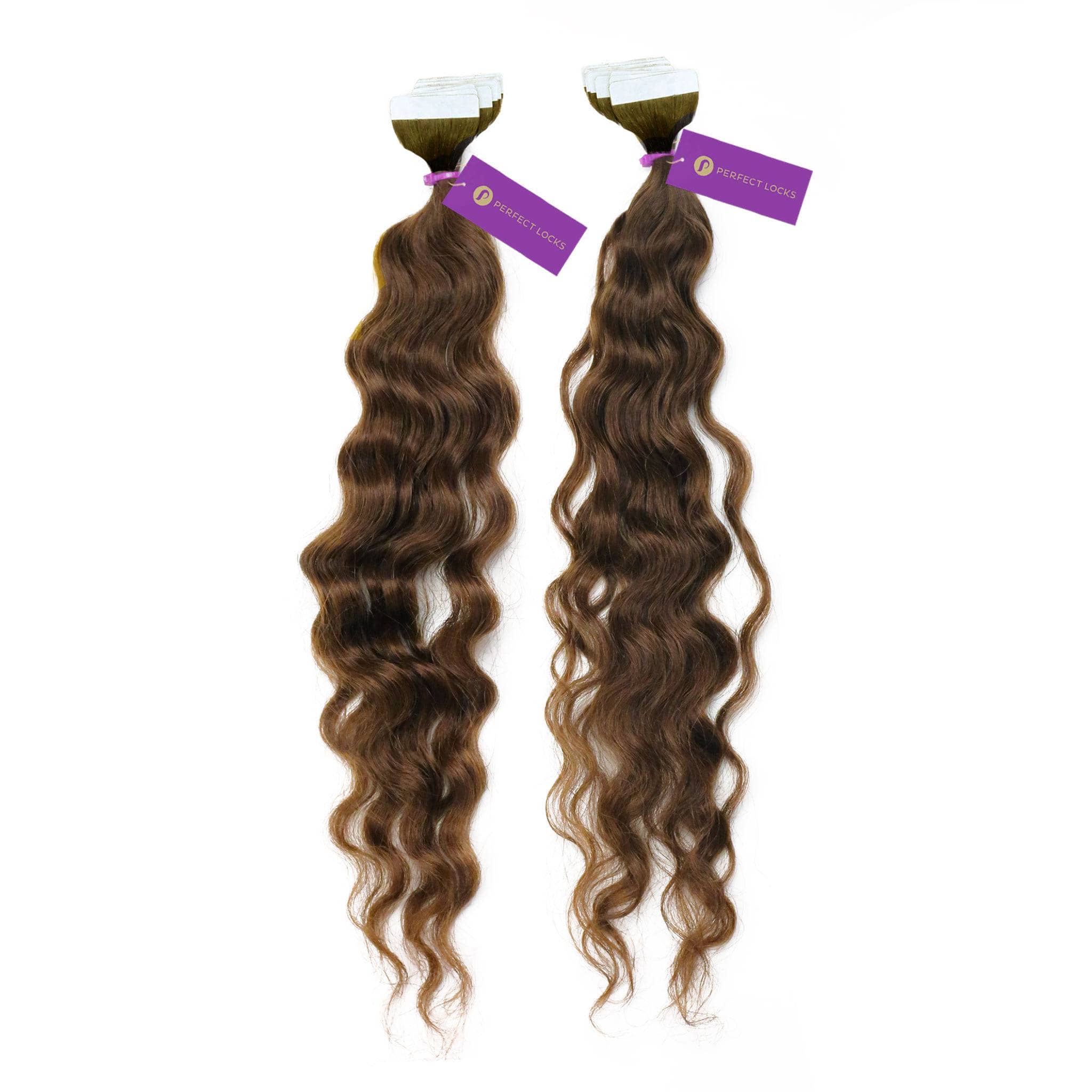 Two bundles of Perfect Locks Curly Tape-In Hair Extensions in Chocolate Brown with adhesive tops and purple tags on white background.#color_chocolate-brown-(3)