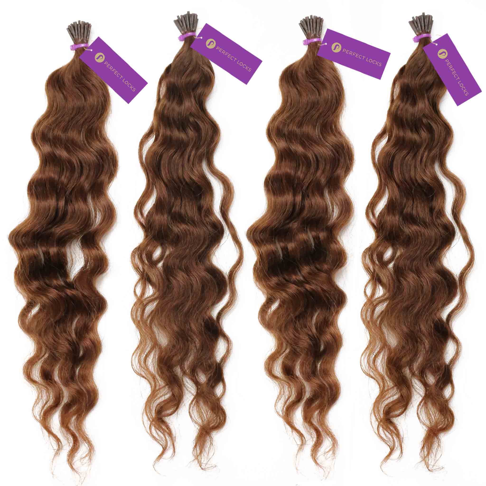 Four bundles of Perfect Locks 4 x Curly Fusion I-Tip Hair Extensions in Dark Auburn , tied and labeled, side by side on white.#color_dark-auburn-(33)
