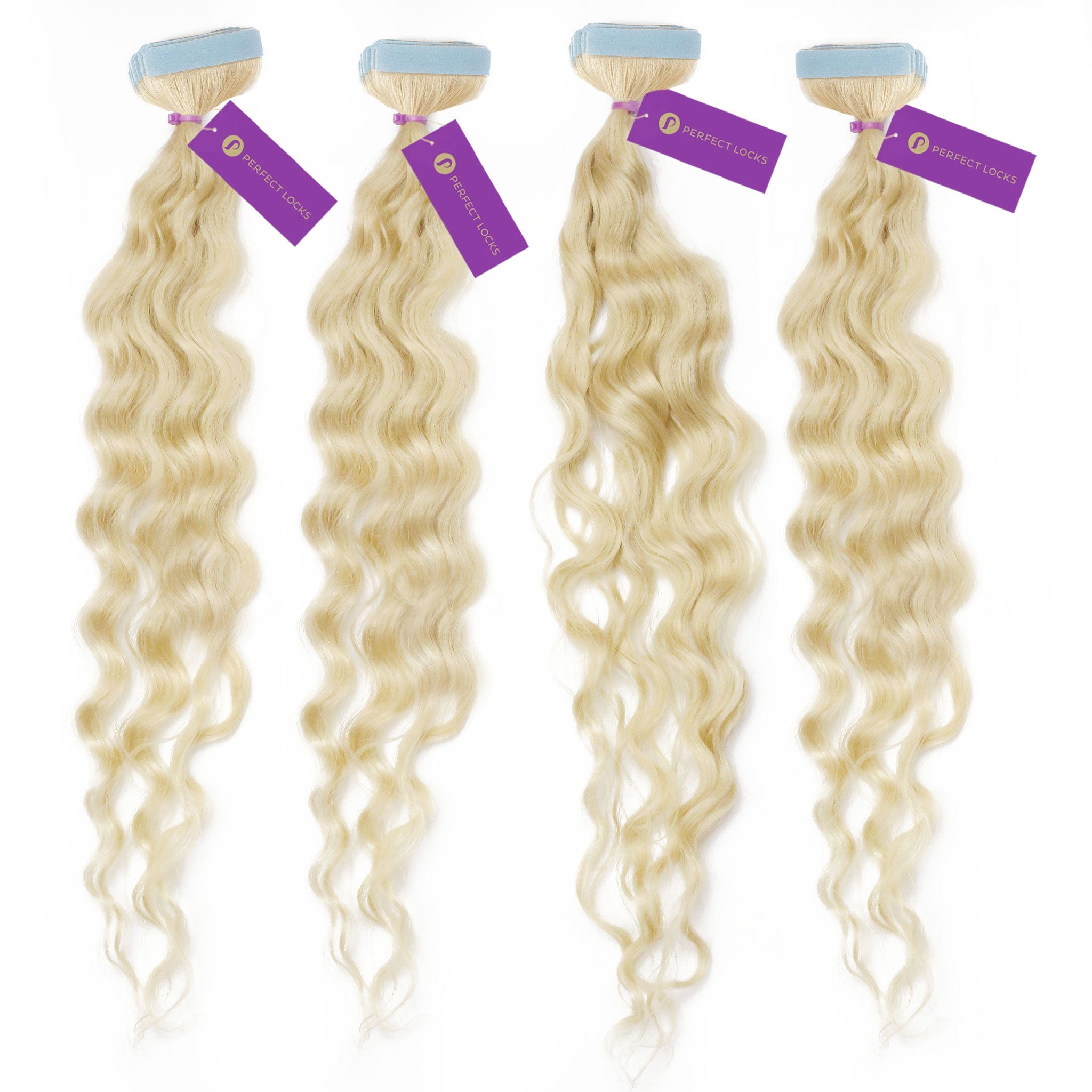 Four bundles of Perfect Locks 4 x Curly Tape-In Hair Extension Bundle Deal (40 Pieces) in Natural Black arranged vertically on a white background.#color_platinum-blonde-(613)