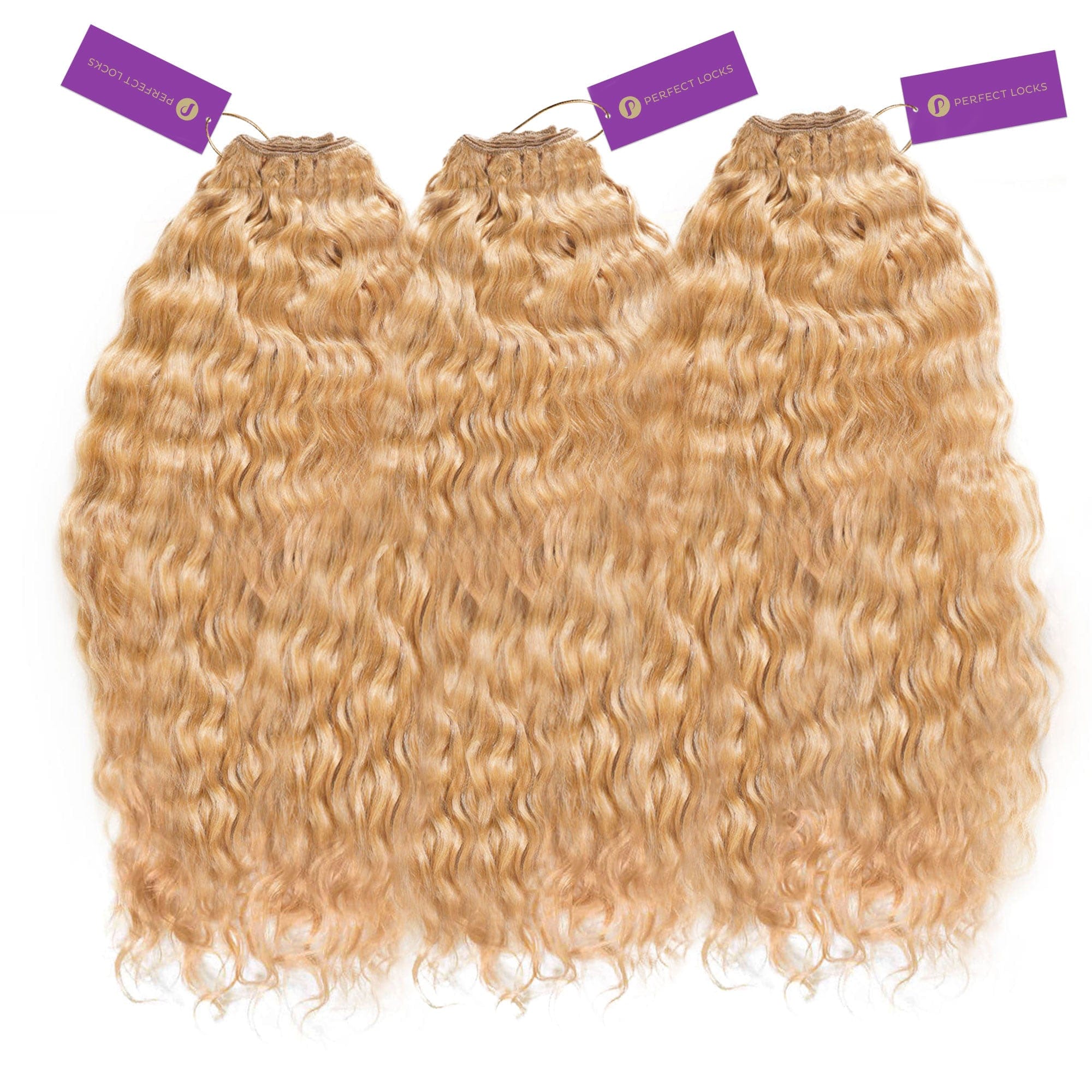 Three bundles of Perfect Locks 3 x Curly Hand-Tied Rows in Honey Blonde are laid side by side, each with a purple tag.#color_honey-blonde-(27)
