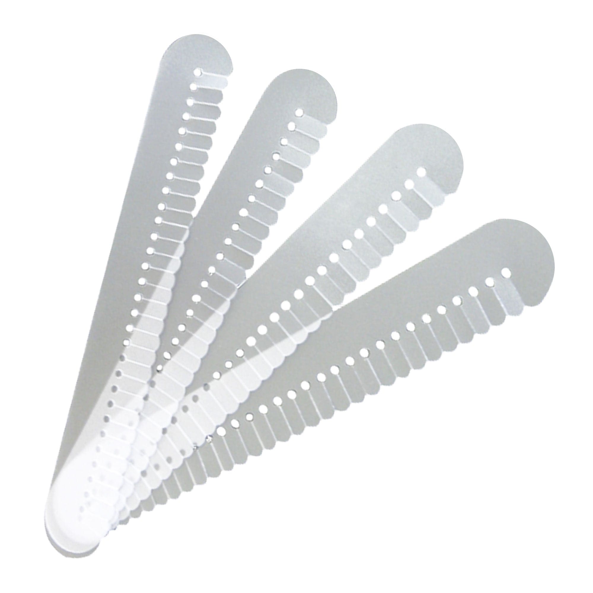 A set of five white plastic ring sizers with evenly spaced holes and notches, fanned out in a semi-circle for accurate ring measurement.