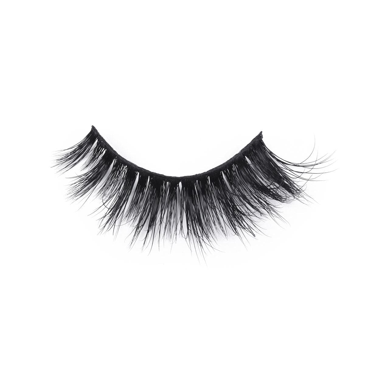 A single false eyelash strip with thick, long, wispy black lashes, slightly curved for a dramatic look against a white background.