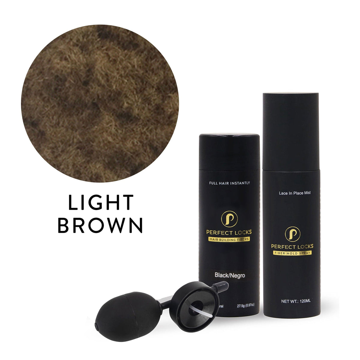 A close-up of Light Brown Hair Building Fibers by Perfect Locks is shown in a circular frame above three items: a bottle labeled Black/Negro, a spray bottle labeled Lace in Place Mist, and a black applicator bulb.