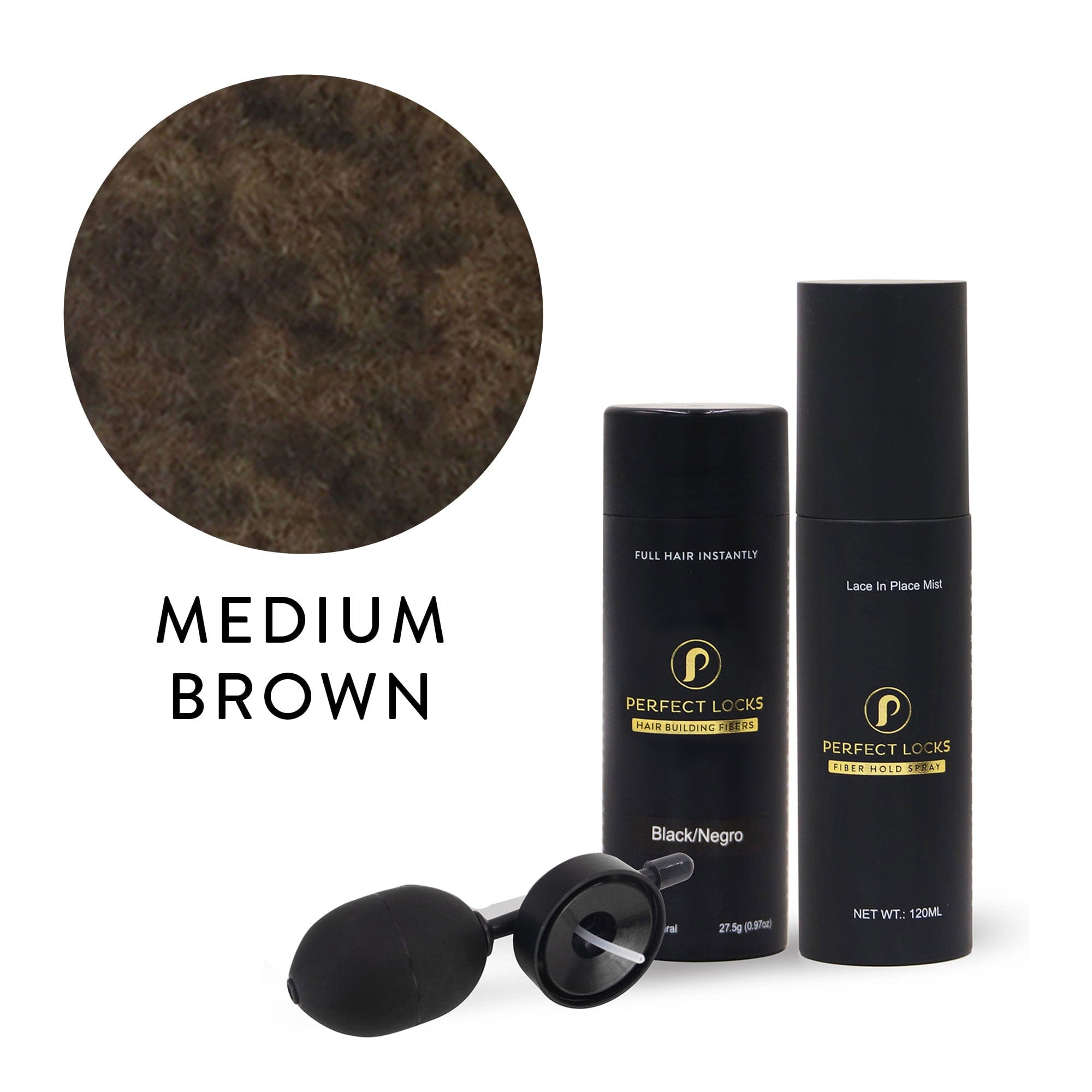 A textured medium brown Remy hair extension above three Perfect Locks products: Hair Building Fibers, Lace in Place Mist, and applicator bulb.#color_medium-brown
