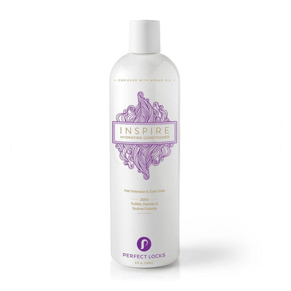 A white bottle of Perfect Locks Inspire Hydrating Conditioner with purple design, enriched with argan oil and free of harsh additives.