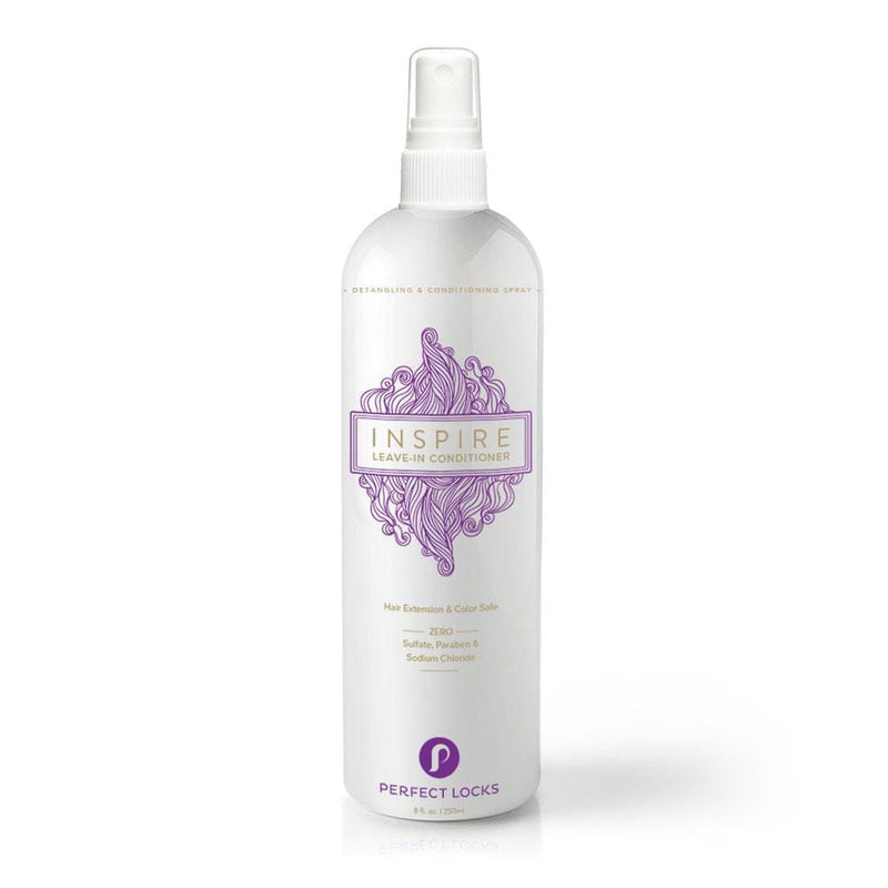 A white spray bottle of Perfect Locks Inspire Leave-In Conditioner with purple hair design, noting it's free of harsh chemicals.