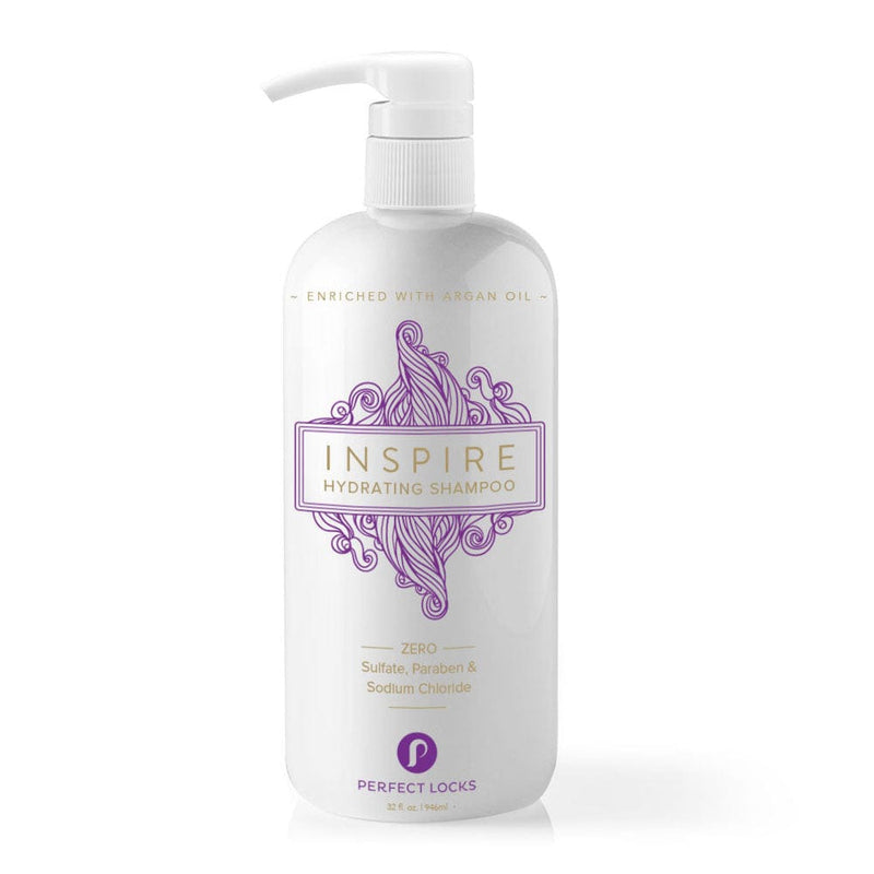 A white bottle of Inspire Hydrating Shampoo with a pump dispenser, purple and gold accents, label notes argan oil and is vegan.