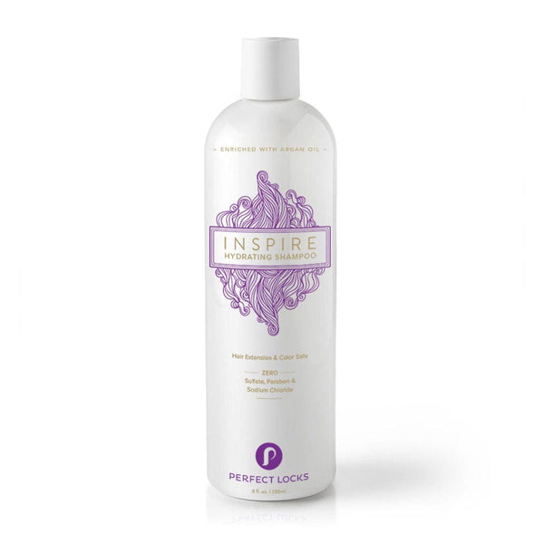 A white bottle of Inspire Hydrating Shampoo by Perfect Locks with purple graphics, enriched with argan oil and sulfate-free formula.