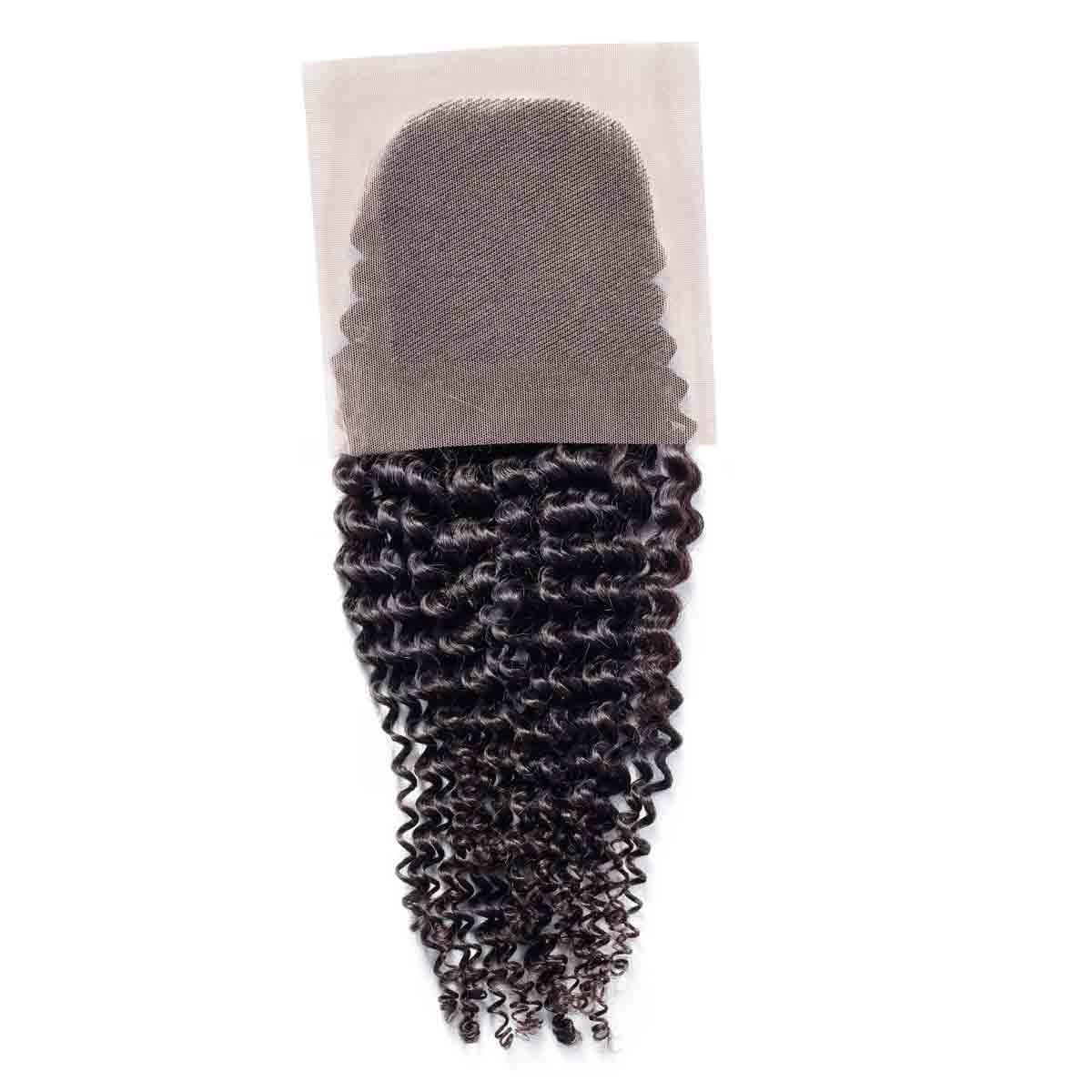 A curly black lace closure with tight ringlet curls, attached to a rectangular lace base for natural-looking hairline blending.