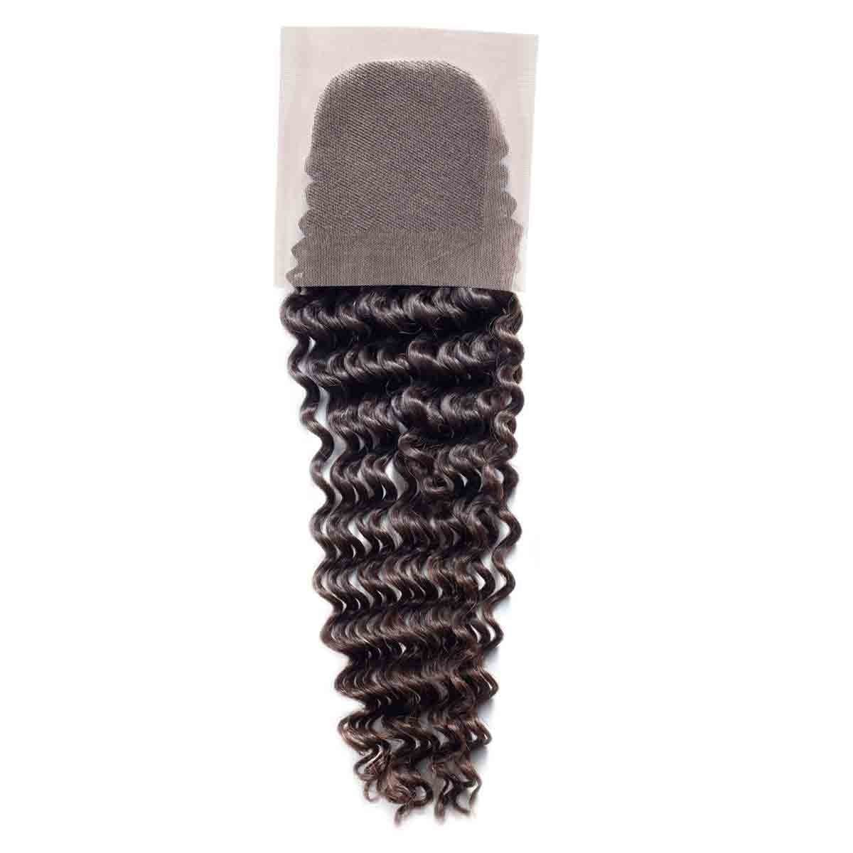 A lace closure hairpiece with loose, defined dark brown curls in a neat pattern for seamless, natural-looking extensions or wigs.