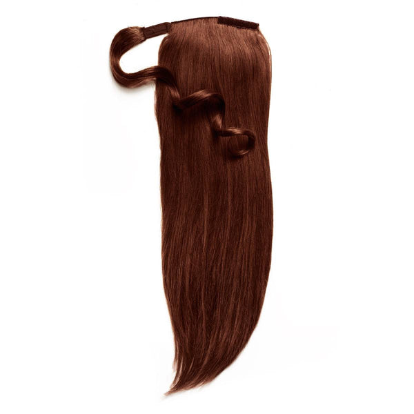 The Perfect Locks Straight Ponytail in 16" dark auburn (), long Remy hair with a slightly wavy top, on a white background.#color_dark-auburn-(33)
