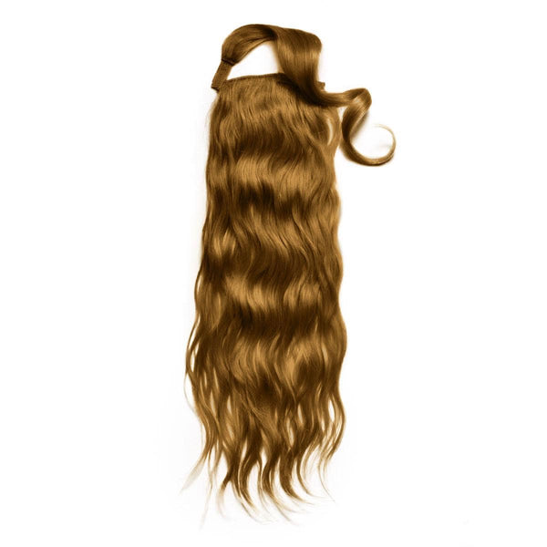 The Perfect Locks Wavy Ponytail in 16" golden brown () Remy hair with clip attachment, laid flat on a white background.#color_golden-brown-(6)