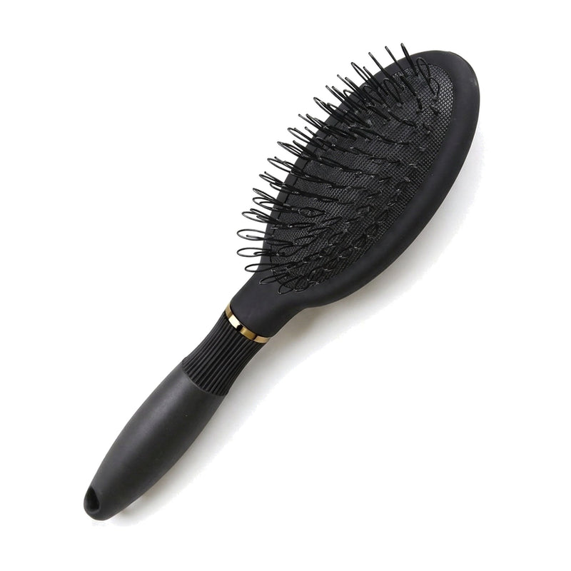 The Perfect Locks Hair Extension Loop Brush, a black oval brush with gold ring and wide bristles, shown on a white background.