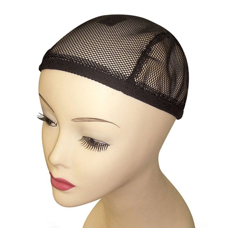 The Perfect Locks Weaving Net, worn on a mannequin head with makeup and lashes, is a snug black mesh cap securing hair for extensions.