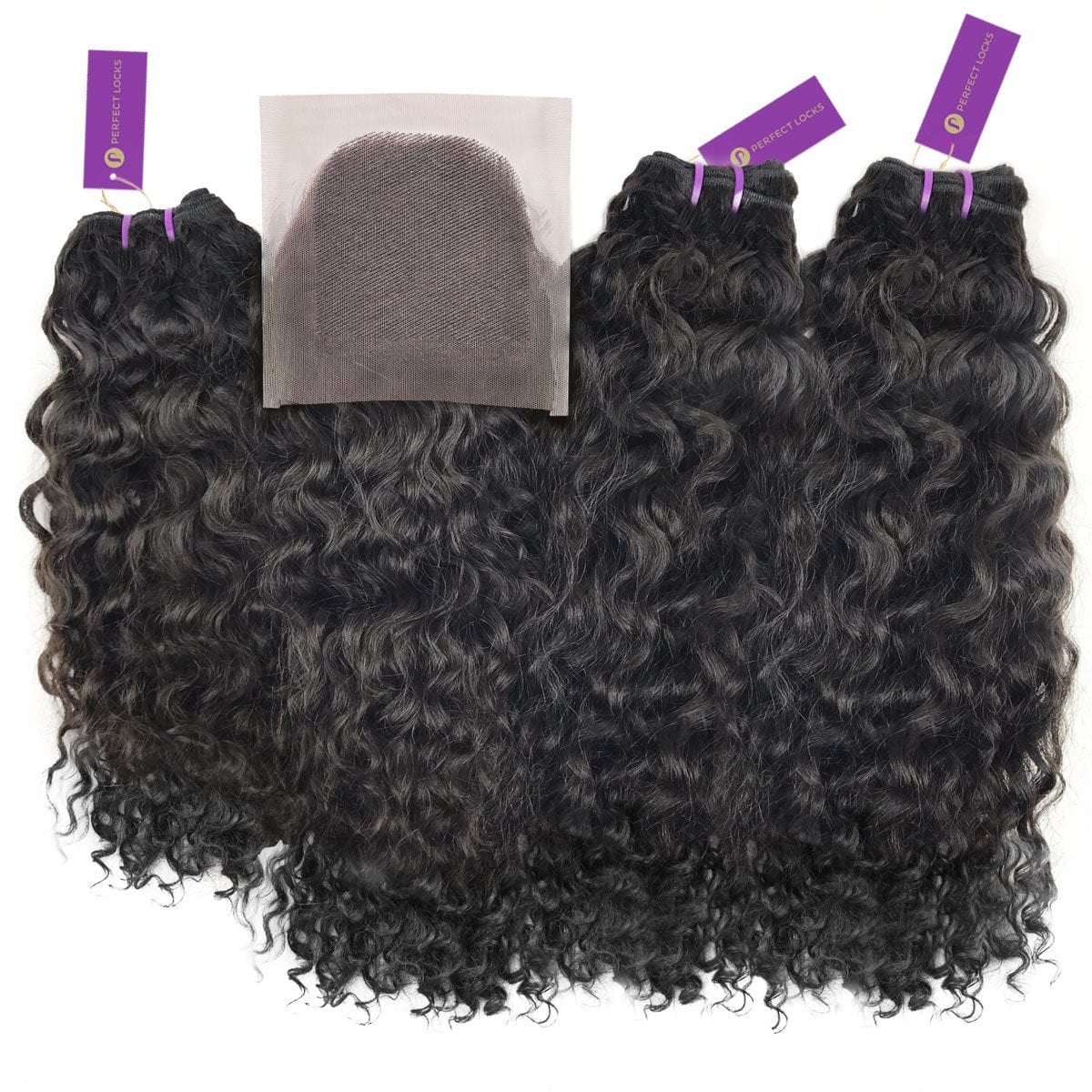 3 x curly virgin machine weft bundle + closure deal by perfect locks