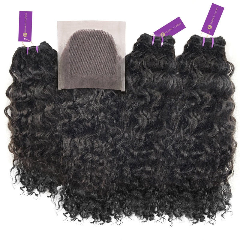 3 x curly virgin machine weft bundle + closure deal by perfect locks