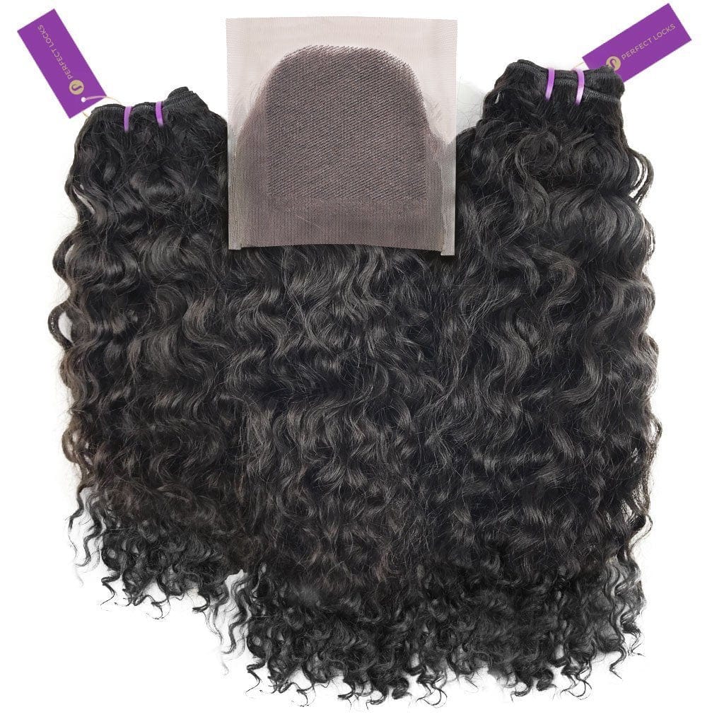2 x curly virgin machine weft bundle + closure deal by perfect locks
