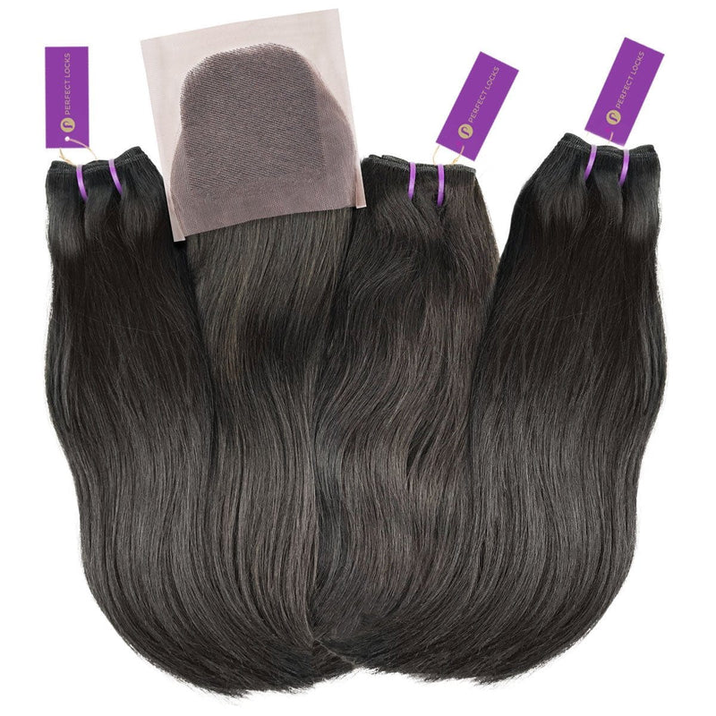 3 x straight virgin machine weft bundle + closure deal by perfect locks