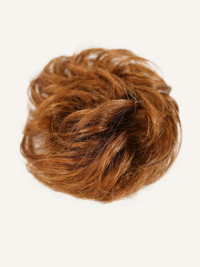 The Perfect Locks Scrunchie Hair Extensions in warm chestnut brown, synthetic hair in a loose bun shape on a plain white background.#color_warm-chestnut-brown-(6)