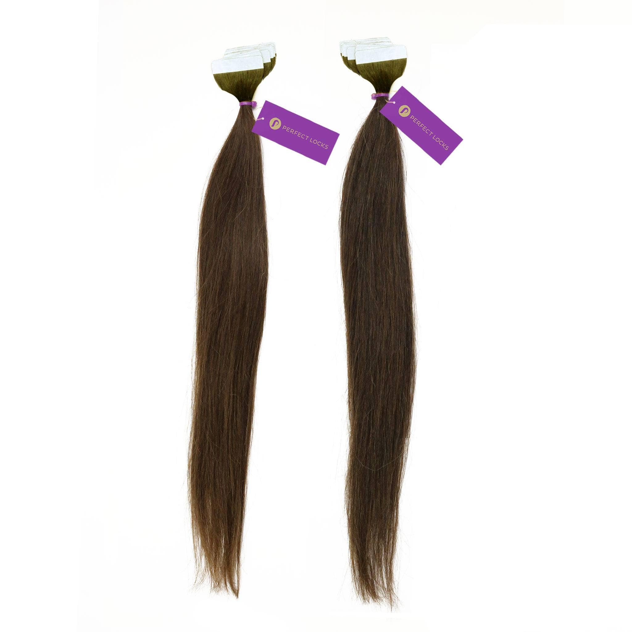 Two bundles of Perfect Locks 2 x Straight Tape-In Hair Extension Bundle Deal in Natural Black with adhesive tops and purple tags on white.#color_chocolate-brown-(3)