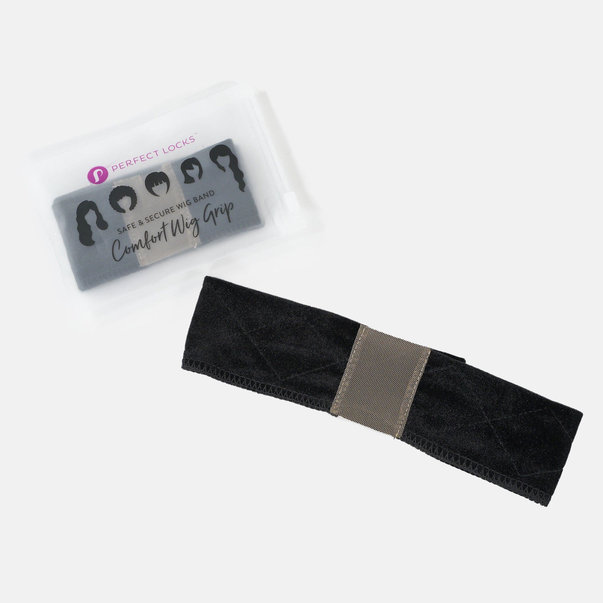 The Perfect Locks Velvet Wig Grip in black beside its clear packaging, labeled with the brand and hairstyle silhouettes for secure wigs.#color_black