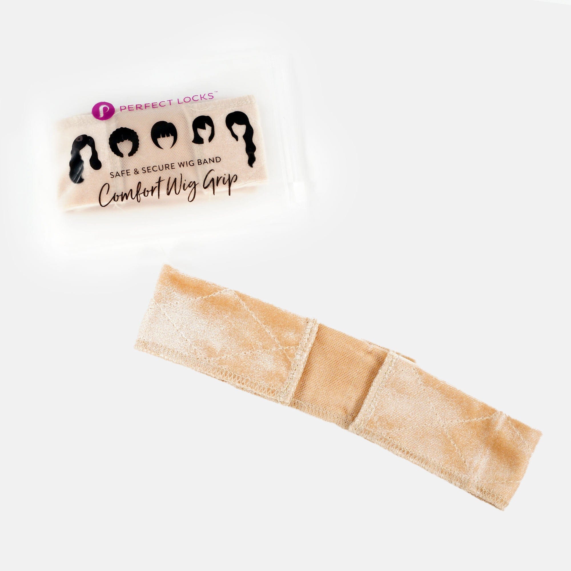 A blonde Perfect Locks Velvet Wig Grip lies below its branded packaging, with black head silhouettes on a white background.#color_blonde