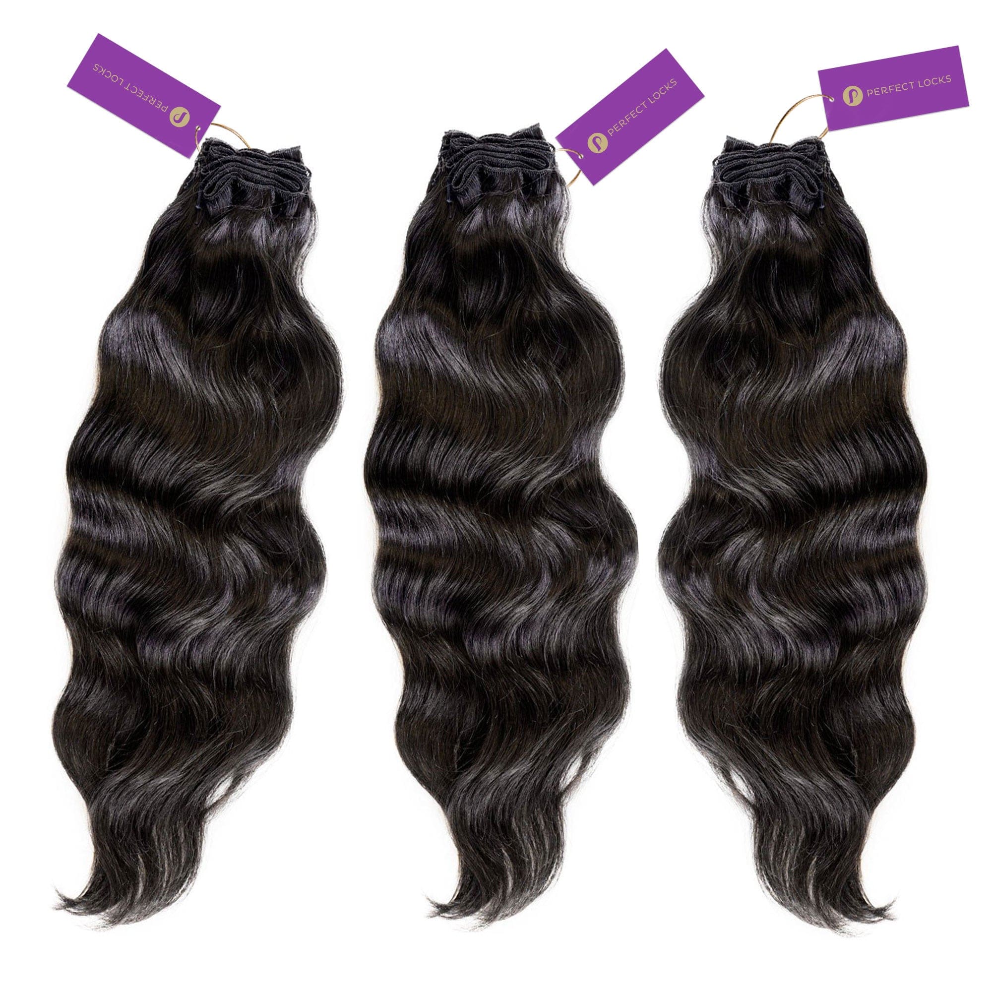 Three bundles of Perfect Locks 3 x Wavy Hand-Tied Rows Bundle Deal in Dark Auburn , each with a purple tag, side by side. Remy hair extensions look smooth and healthy.#color_natural-black-(1B)