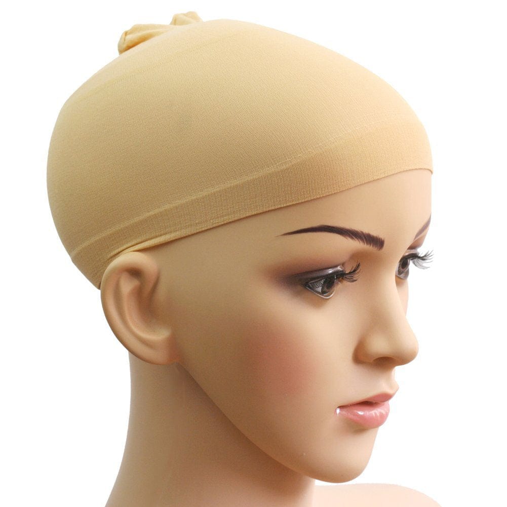 The Perfect Locks Wig Cap in beige on a mannequin head with makeup, side view, covering scalp and part of forehead for styling extensions.#color_beige