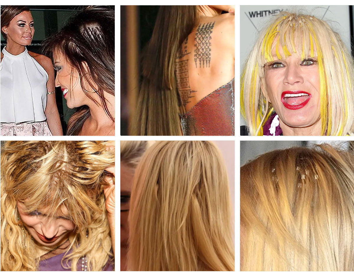 Six close-up examples of bad hair extensions: unblended color, visible wefts and bonds at the roots, matting at the attachment points and thin, stringy ends.