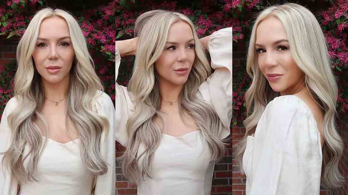 Beautiful Model Wearing Ash Blonde Tape-In Hair 