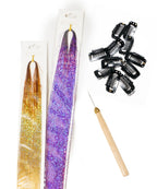 The Hair Tinsel Clip In Kit by Perfect Locks features rainbow tinsel, a wooden-handled hook tool, and small black clips for hair.