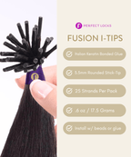A hand holds dark hair extensions with rounded stick tips; Italian keratin glue, 3.5mm tips, 25 strands/pack, 0.6 oz, easy install.