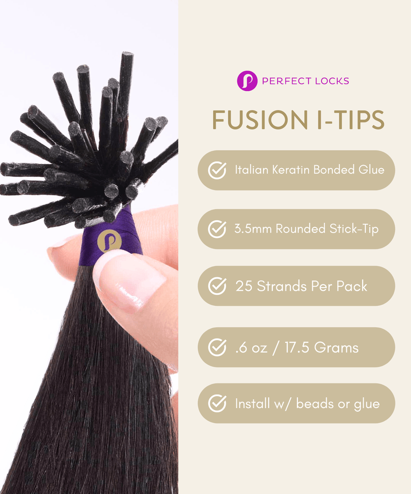 A hand holds dark hair extensions with rounded stick tips; Italian keratin glue, 3.5mm tips, 25 strands/pack, 0.6 oz, easy install.