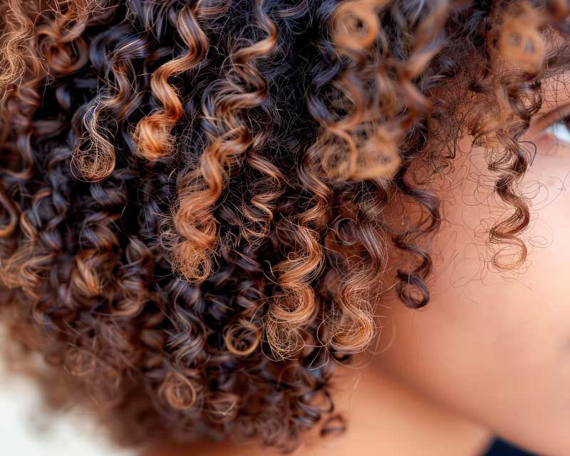 Tight, bouncy curls in dark brown hair with light brown highlights frame the person's face, emphasizing their natural texture.