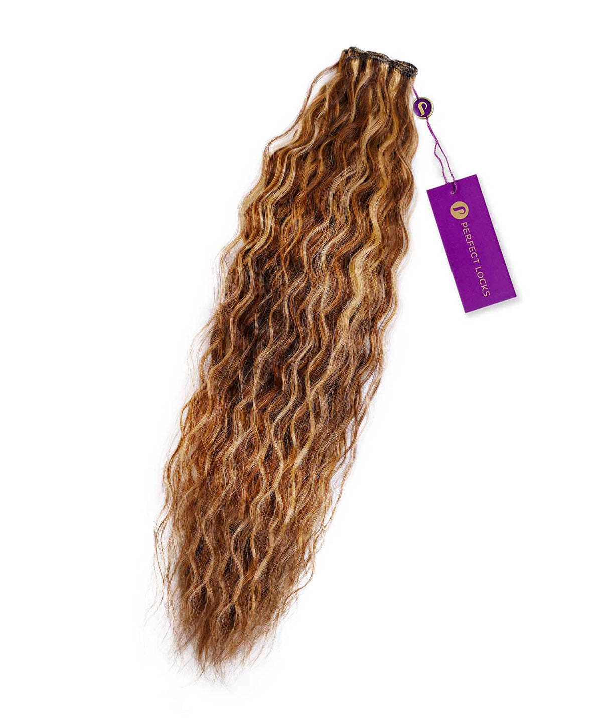 A bundle of long, wavy hair extensions in mixed brown and blonde shades with a purple tag for easy identification.