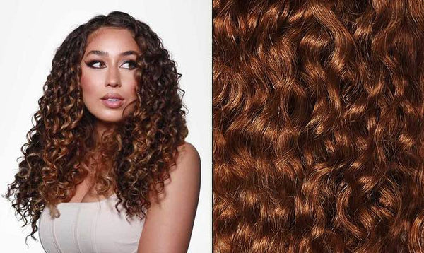 curly hair model and swatch