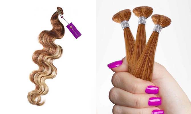 On the left, a wavy bundle of light brown and blonde hair extensions with a tag; on the right, a hand with pink nails holds three straight bundles. Perfect for seamless blending and added volume.