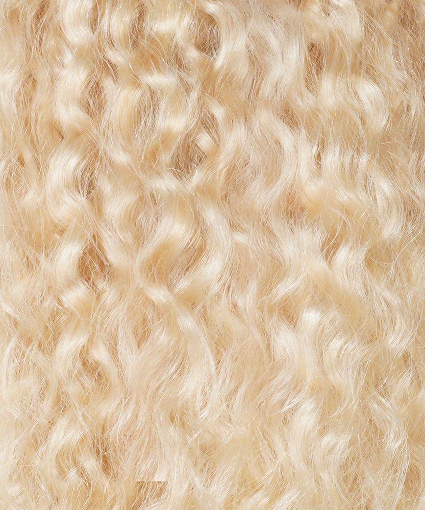 Close-up of Perfect Locks Curly Seamless Clip-In Hair Extensions in ash blonde, featuring tight curls and a shiny texture filling the frame.#color_ash-blonde-(60)