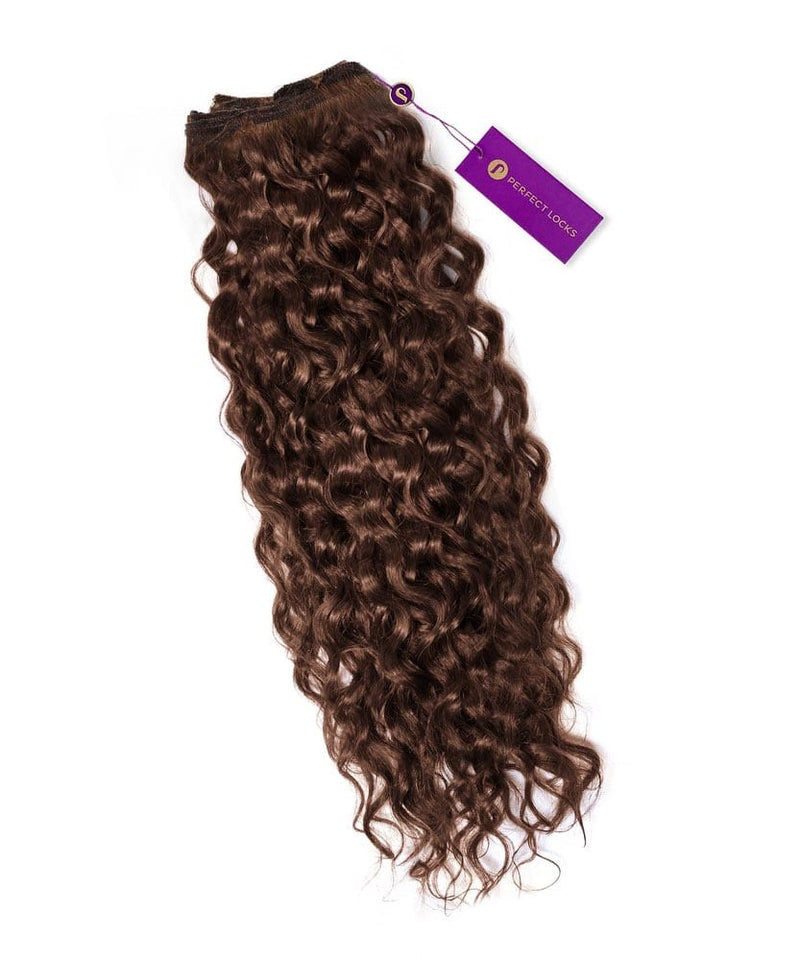 The Perfect Locks Curly Colored Hair Machine Weft in chocolate brown on a white background, curly Remy extensions with a purple tag.