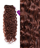 On the left is Perfect Locks' Curly Colored Hair Machine Weft in dark auburn; the right close-up shows its shiny, defined curls and vibrant color.#color_dark-auburn-(33)
