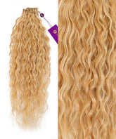Perfect Locks Curly Hand-Tied Weft Rows (2oz) in Natural Black . Left: full extension with tag. Right: curly texture close-up.#color_caramel-blonde-highlights-(24/27/613)