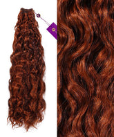 On the left, Curly Hand-Tied Weft Rows (2oz) by Perfect Locks in Dark Auburn ; right: close-up of shiny, defined curls.#color_dark-auburn-(33)