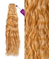 On the left, Perfect Locks Curly Hand-Tied Weft Rows (2oz) in Platinum Blonde , with a close-up on the right of soft curls and shine.#color_honey-blonde-(27)